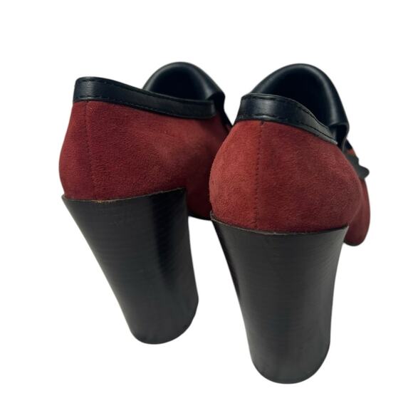 Tory Burch Red Black Suede Leather Tassel Chunky Square Toe Heels Size 7 - Picture 4 of 10